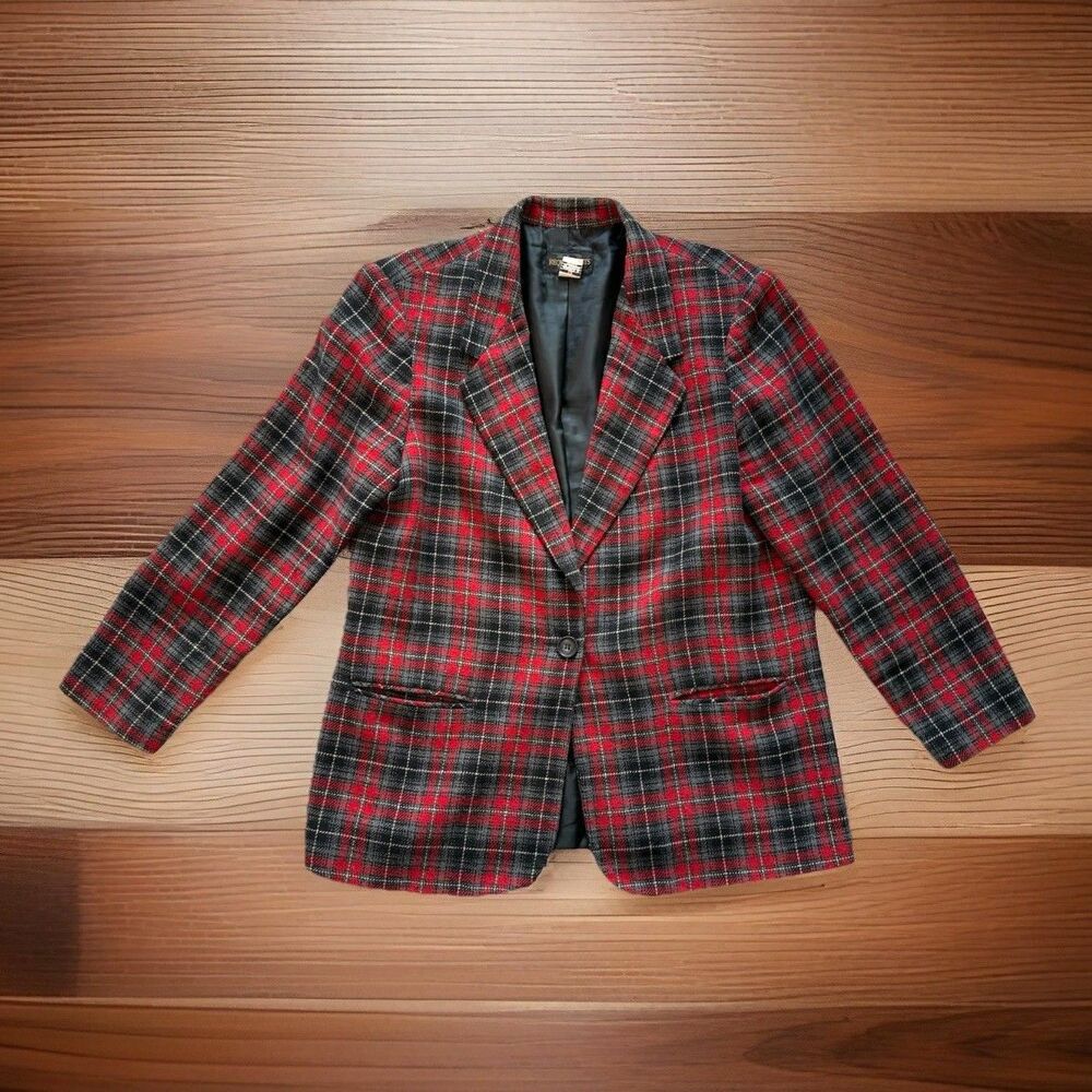 Vintage 80s Requirements Womens Plaid Wool Blend Blazer Shoulder Pads Size 12